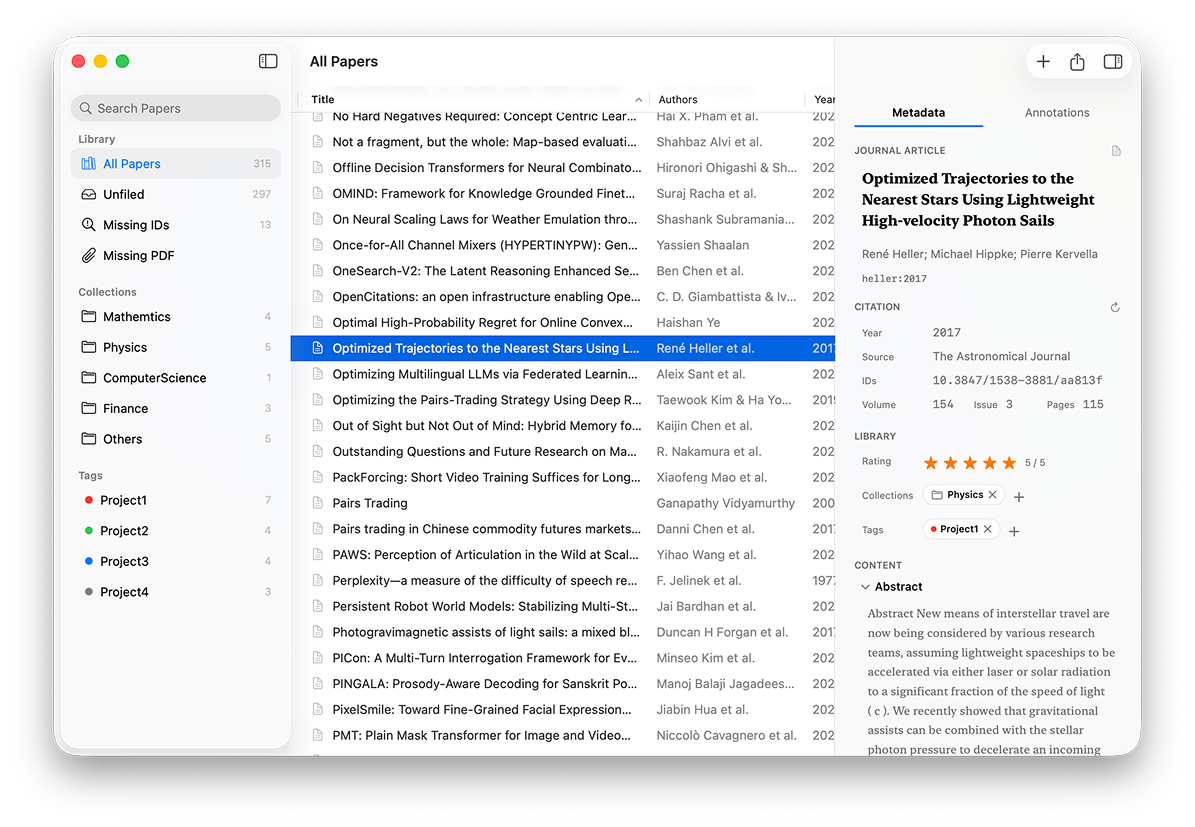 Lattice reference manager — main interface showing three-column layout with library, paper list, and metadata panel